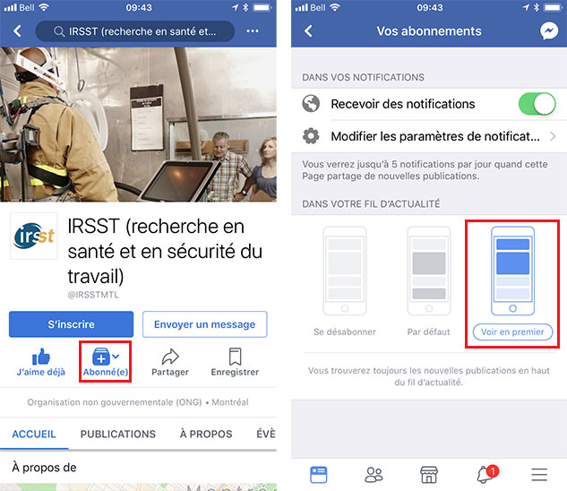 Abonnement à la page Facebook de l'IRSST (mobile)