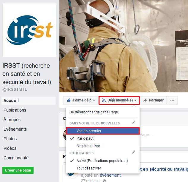 Abonnement à la page Facebook de l'IRSST (ordinateur)